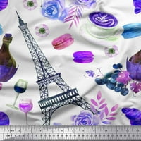 Eiffelov toranj, cvijeće i čaše za vino širine dvorišta tiskane u Eiffelovom tornju od rajonske šifonske tkanine