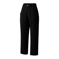 Capri hlače za žene s džepovima hlače stražnje hlače elastični pamučni struk laneni trak za casual hlače crno-b