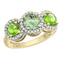 14k žuto zlato, prirodni zeleni ametist i peridot sa strane, okrugli prsten s 3 kamena i dijamantnim umetcima,