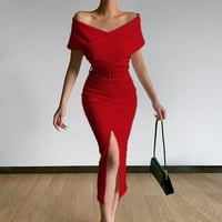 Ženske haljine jednobojna ljetna Maksi haljina s ramena do gležnja s kratkim rukavima u crvenoj boji u boji