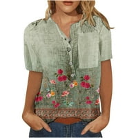 Boho cvjetni print Summer Henley majice casual gumb kratkih rukava Izrez grafička majica majice labava fit Usfinite