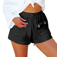 Ženske Ležerne ljetne kratke hlače s visokim strukom, udobne za plažu, pamuk i lan s džepovima, crni a-list