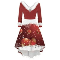 Božićna haljina, Vintage mrežasta haljina s izrezom i printom na vratu, Vintage haljina s dugim rukavima, Ženske