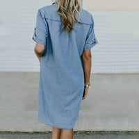 Ljetne haljine za žene kratke rukave a-line dužina koljena labava posada vrata solidna haljina na plavi plava