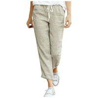 Ženske široke casual elastične hlače visokog struka ravne široke pamučne lanene kapri hlače duge hlače s džepovima