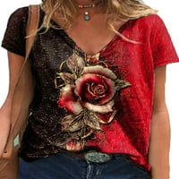 Ženske majice kratkih rukava s cvjetnim printom majica u kontrastnoj boji s dekolteom u obliku donjeg dijela pulover