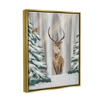 Stupell Industries Sezonski Jelen zimski krajolik blagdansko slikarstvo Zlatni plovak uokvireni umjetnički tisak