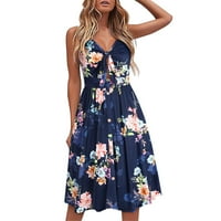 Žene casual cvjetni bez rukava Sundress v Neck Tink čvor prednji špageti na kaiševi ljetne haljine dame maxi haljina