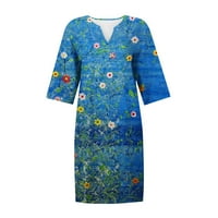 Yanhoo ženske ljetne haljine Linen casual kratki rukavi v vrat Sundress trendy plaža tiskana midi haljina