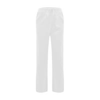 Žene ležerne pamučne i posteljine solidne elastične struke duge ravne hlače bijele xl