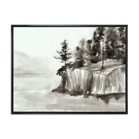 DesignArt 'Crno -bijele litice uz jezero' nautički i obalni uokvireni platno zidni umjetnički tisak