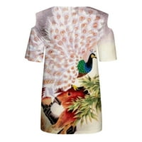 Ženske ljetne vrhove casual vintage paunove tisak majice kratkih rukava moda šuplje majice na ramenu na ramenu