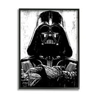 Crno-bijela grafika Ratovi zvijezda s Darthom Vaderom, drvorez u otrcanim tonovima, zidna umjetnost u crnom okviru,