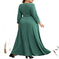 Ženske elegantne jednobojne zelene haljine A kroja s izrezom u obliku slova u i dugim rukavima Plus veličine