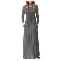 Ženske haljine s okruglim vratom, jednobojna Maksi ležerna ljetna haljina s dugim rukavima u sivoj boji.