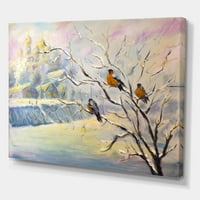 DesignArt 'rustikalne ptice koje sjede na drvetu u zimskom selu' Farmhouse platno zidni umjetnički tisak